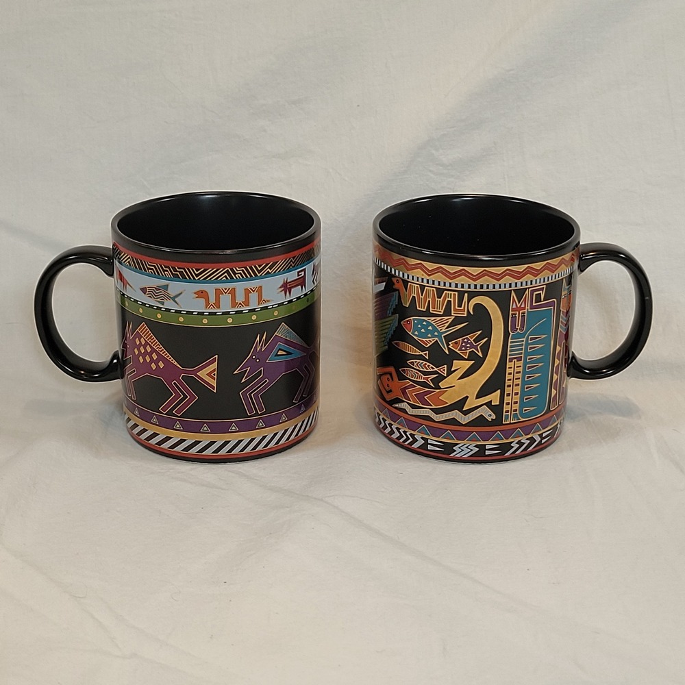 Laurel Burch Mugs Set of 2 Artifacts Bison 1990 Black Vintage Animal Art Japan